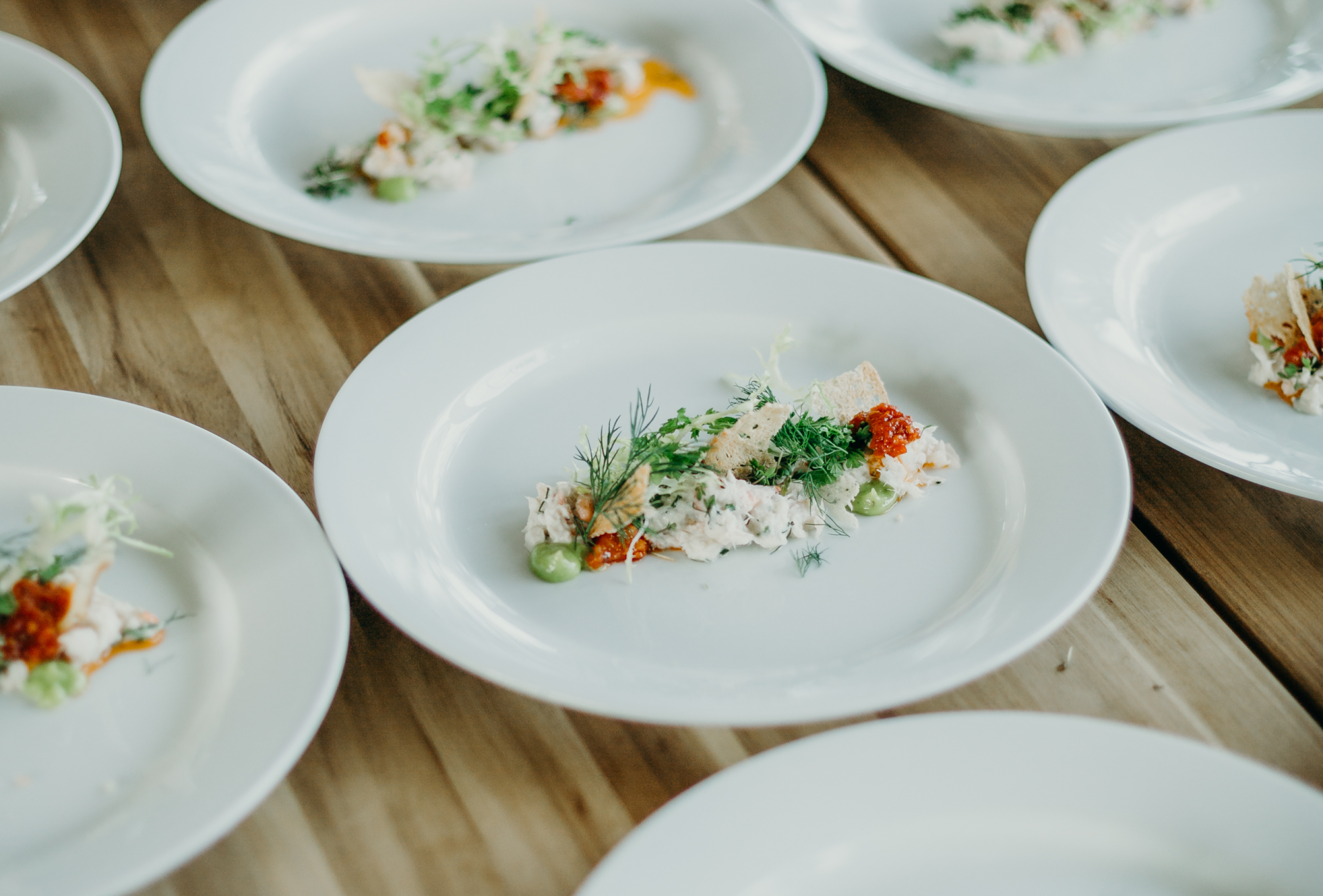 Plated fine dining dishes prepared for a luxury catered event